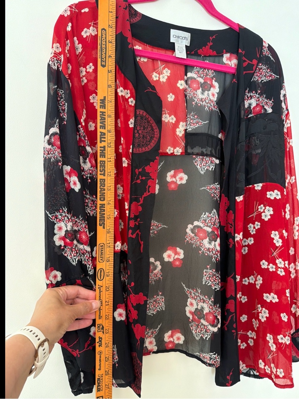 Chico’s Silk Blend Sakura Patchwork Kimono Cardigan Red Black Size 3 (XL) - Picture 4 of 5